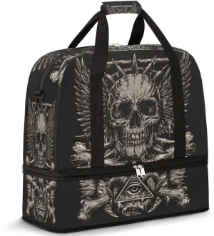Skull Black Foldable Travel Duffel Bag Tote Carry On Luggage Sports Gym Bag With Shoe Compartment For Woman Man Overnight Weekend Yoga Workout Bag Training Handbag