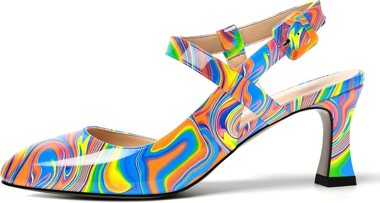 SKYSTERRY Womens Buckle Patent Wedding Ankle Strap Round Toe Casual Spool Mid Heel Pumps Shoes 2.5 Inch