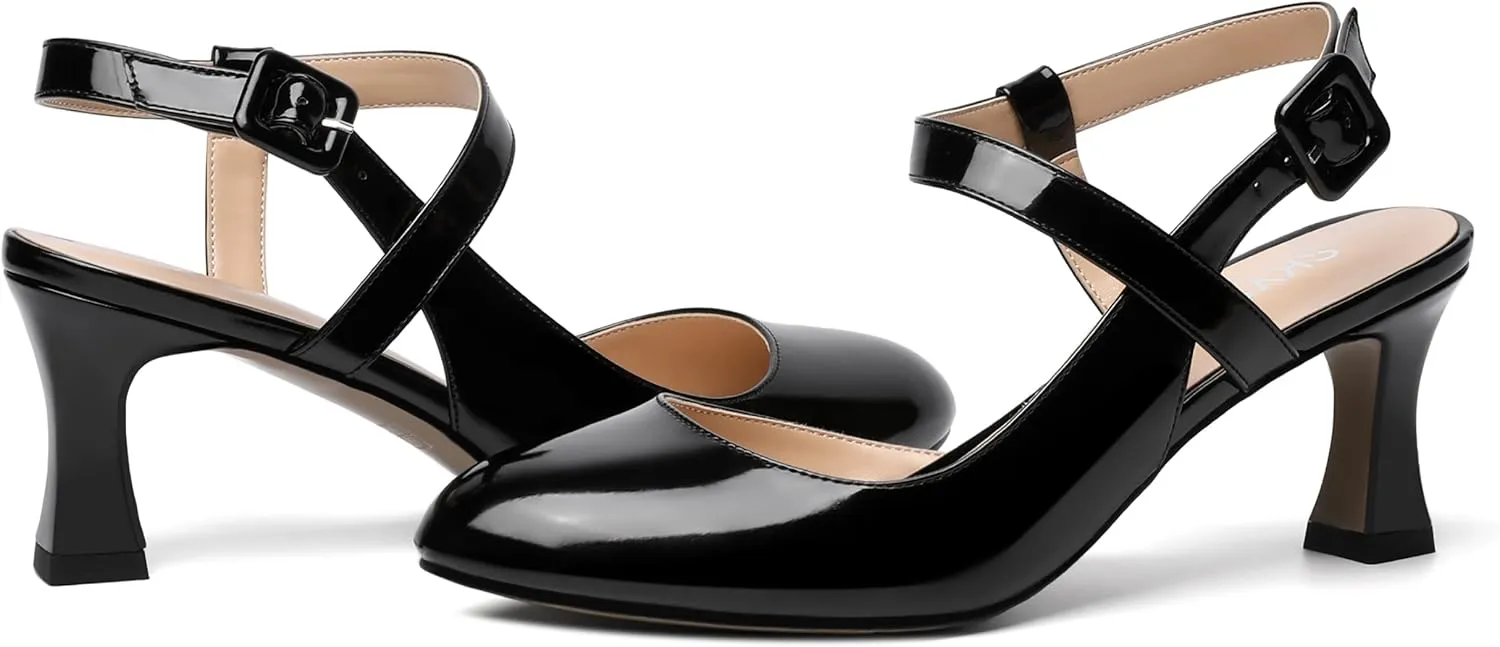 SKYSTERRY Womens Buckle Patent Wedding Ankle Strap Round Toe Casual Spool Mid Heel Pumps Shoes 2.5 Inch