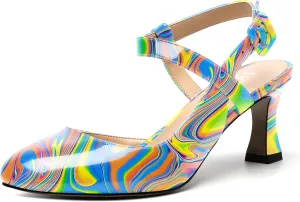 SKYSTERRY Womens Buckle Patent Wedding Ankle Strap Round Toe Casual Spool Mid Heel Pumps Shoes 2.5 Inch