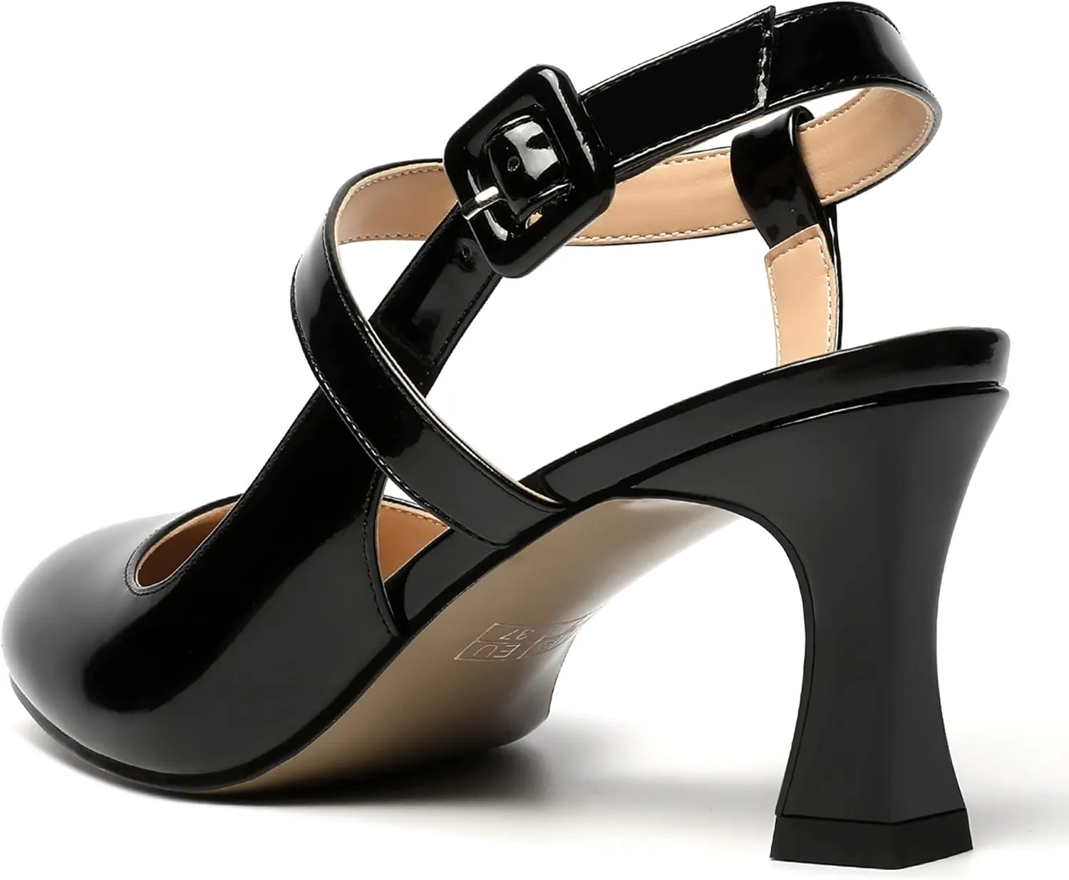 SKYSTERRY Womens Buckle Patent Wedding Ankle Strap Round Toe Casual Spool Mid Heel Pumps Shoes 2.5 Inch