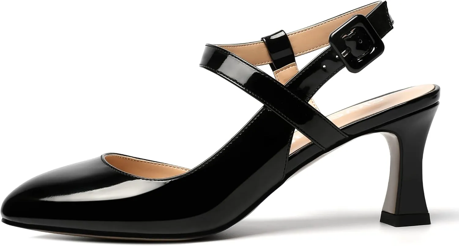 SKYSTERRY Womens Buckle Patent Wedding Ankle Strap Round Toe Casual Spool Mid Heel Pumps Shoes 2.5 Inch
