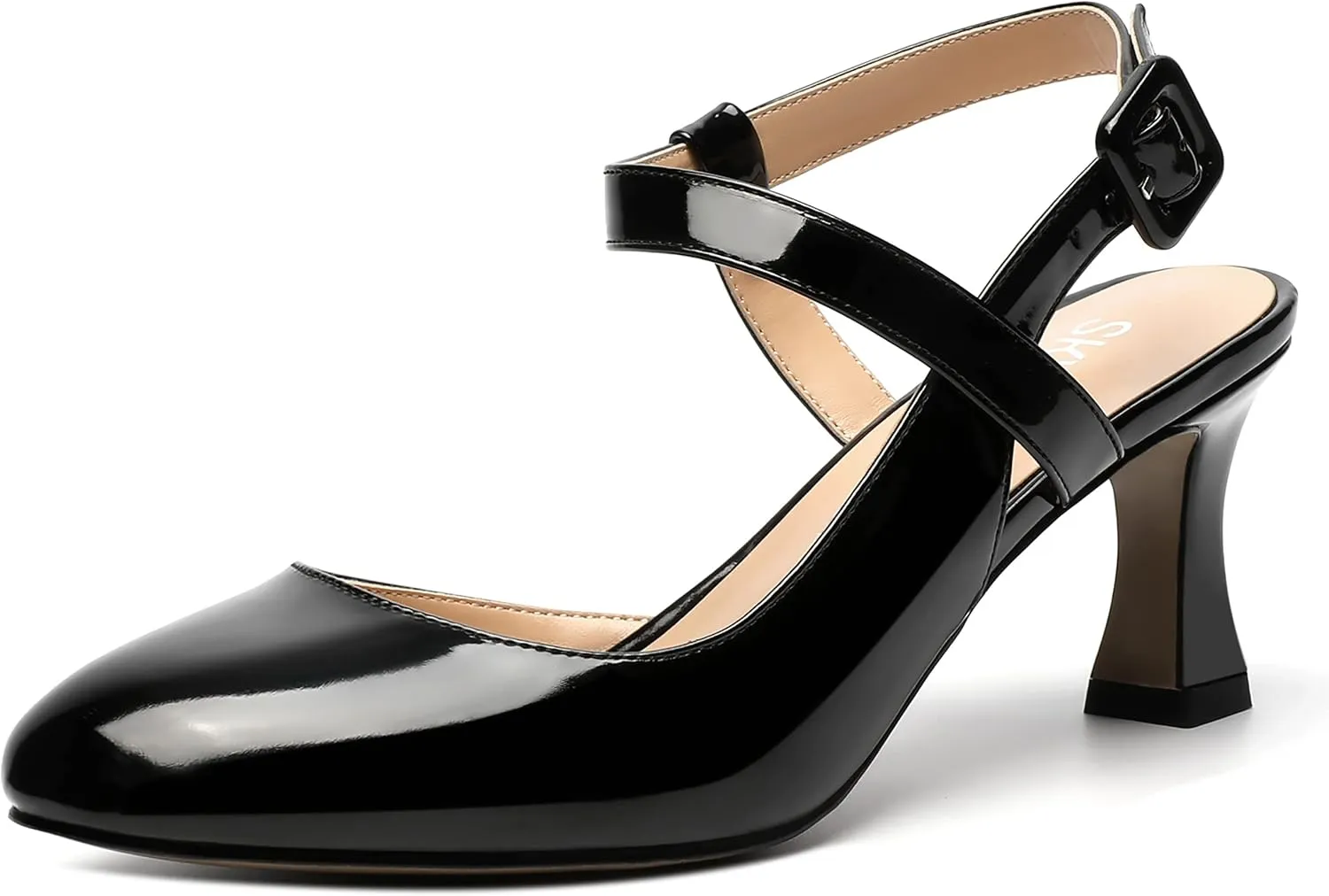 SKYSTERRY Womens Buckle Patent Wedding Ankle Strap Round Toe Casual Spool Mid Heel Pumps Shoes 2.5 Inch