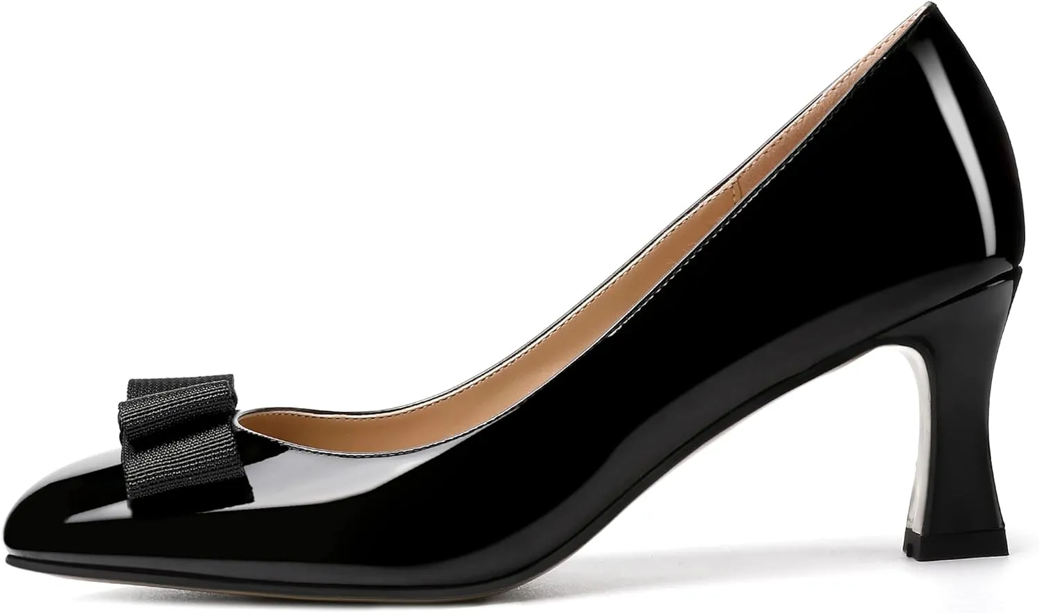 SKYSTERRY Women's Casual Round Toe Patent Bow Slip On Wedding Spool Mid Heel Pumps Shoes 2.5 Inch