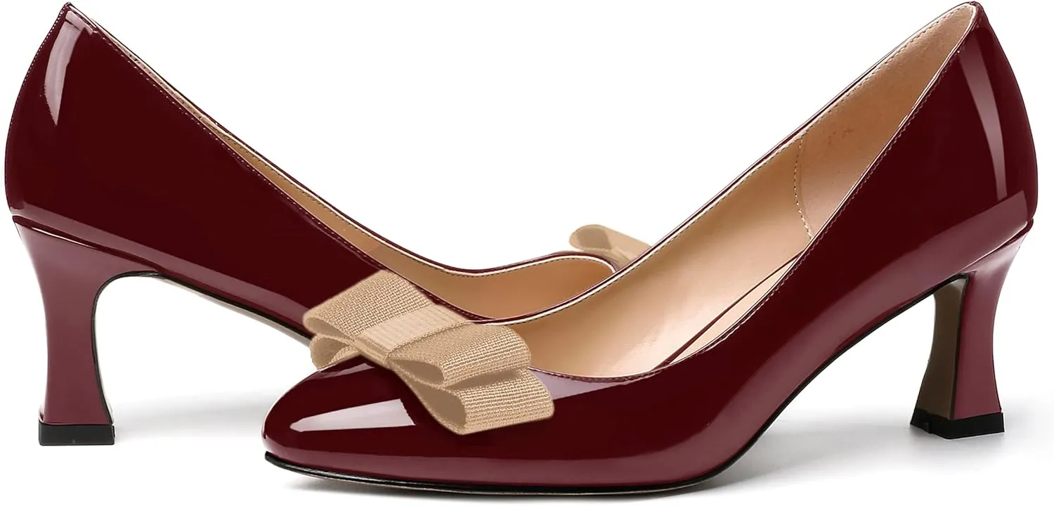 SKYSTERRY Women's Casual Round Toe Patent Bow Slip On Wedding Spool Mid Heel Pumps Shoes 2.5 Inch