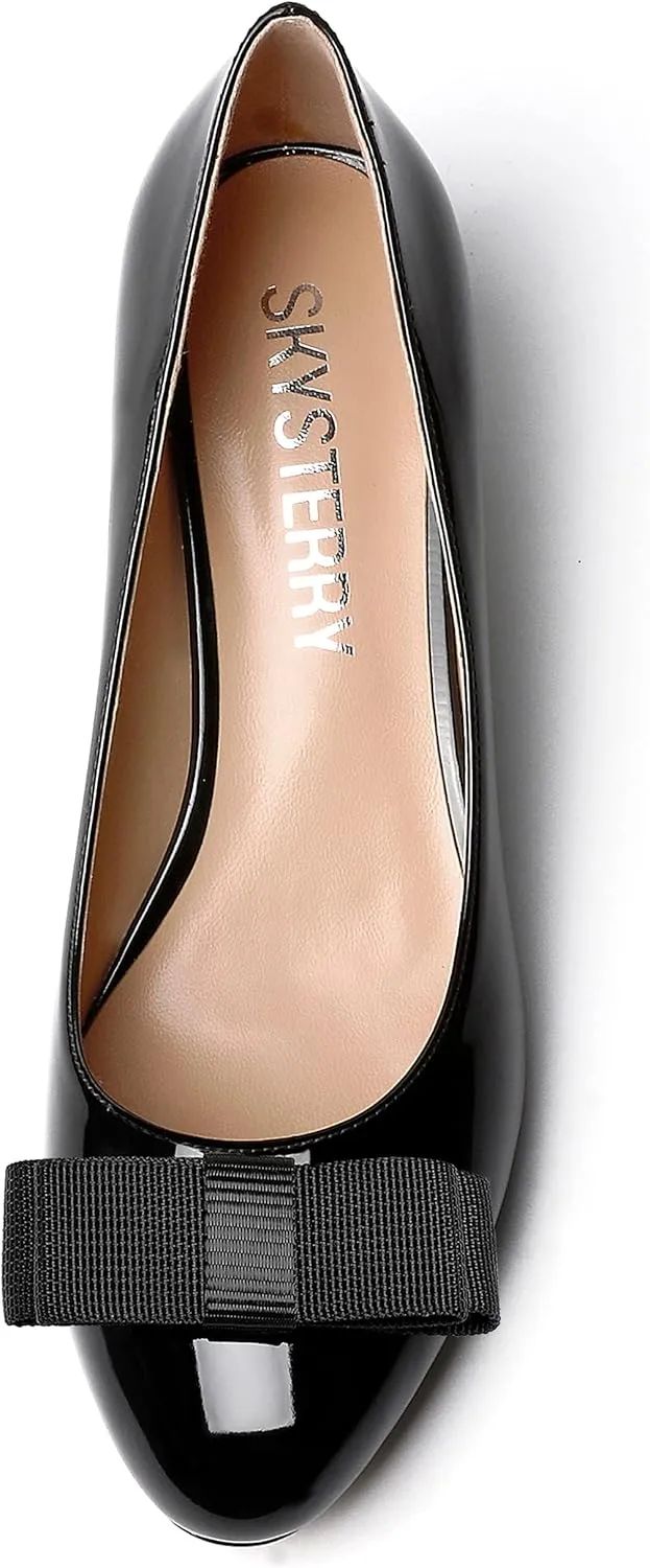 SKYSTERRY Women's Casual Round Toe Patent Bow Slip On Wedding Spool Mid Heel Pumps Shoes 2.5 Inch