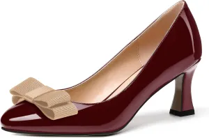 SKYSTERRY Women's Casual Round Toe Patent Bow Slip On Wedding Spool Mid Heel Pumps Shoes 2.5 Inch