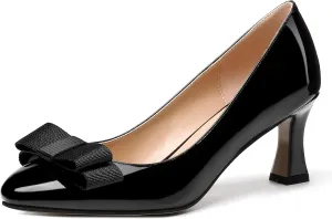 SKYSTERRY Women's Casual Round Toe Patent Bow Slip On Wedding Spool Mid Heel Pumps Shoes 2.5 Inch