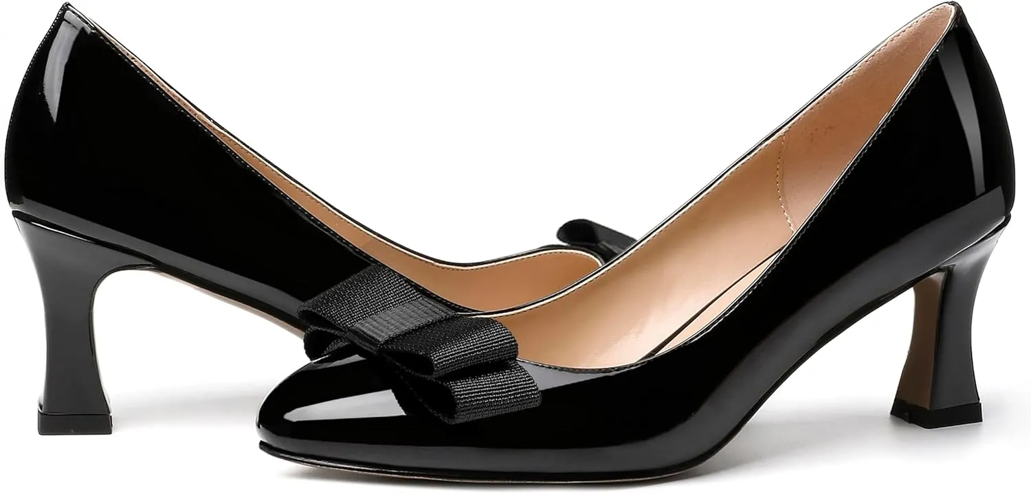 SKYSTERRY Women's Casual Round Toe Patent Bow Slip On Wedding Spool Mid Heel Pumps Shoes 2.5 Inch