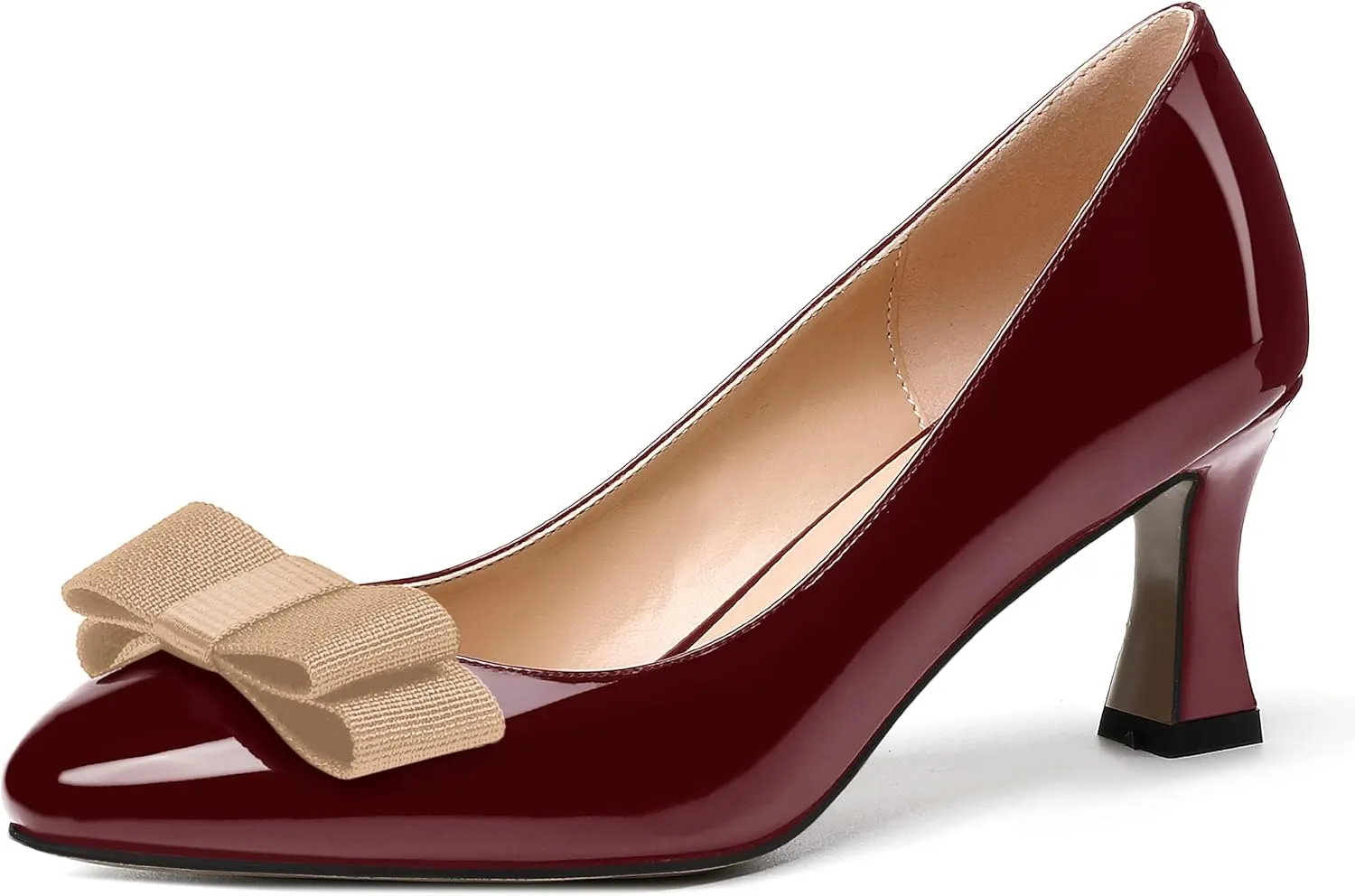 SKYSTERRY Women's Casual Round Toe Patent Bow Slip On Wedding Spool Mid Heel Pumps Shoes 2.5 Inch