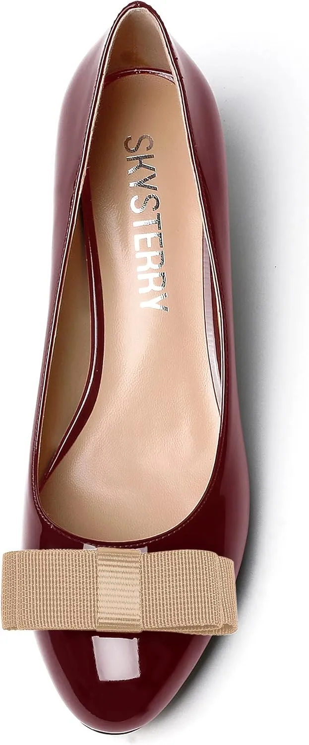 SKYSTERRY Women's Casual Round Toe Patent Bow Slip On Wedding Spool Mid Heel Pumps Shoes 2.5 Inch