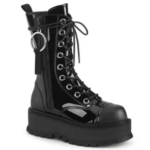Slacker-220 black vegan patent leather 2" platform lace-up mid-calf boots