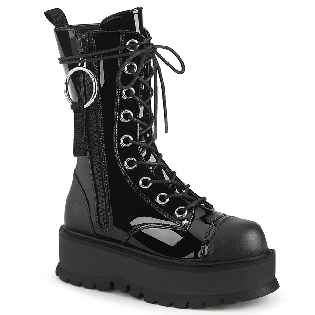 Slacker-220 black vegan patent leather 2" platform lace-up mid-calf boots