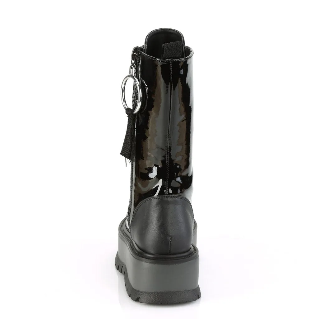 Slacker-220 black vegan patent leather 2" platform lace-up mid-calf boots
