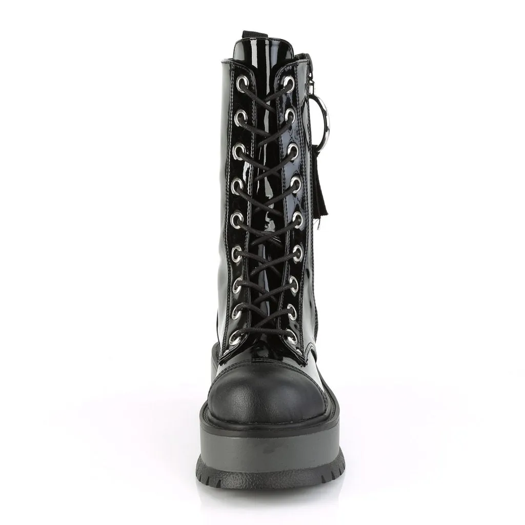 Slacker-220 black vegan patent leather 2" platform lace-up mid-calf boots