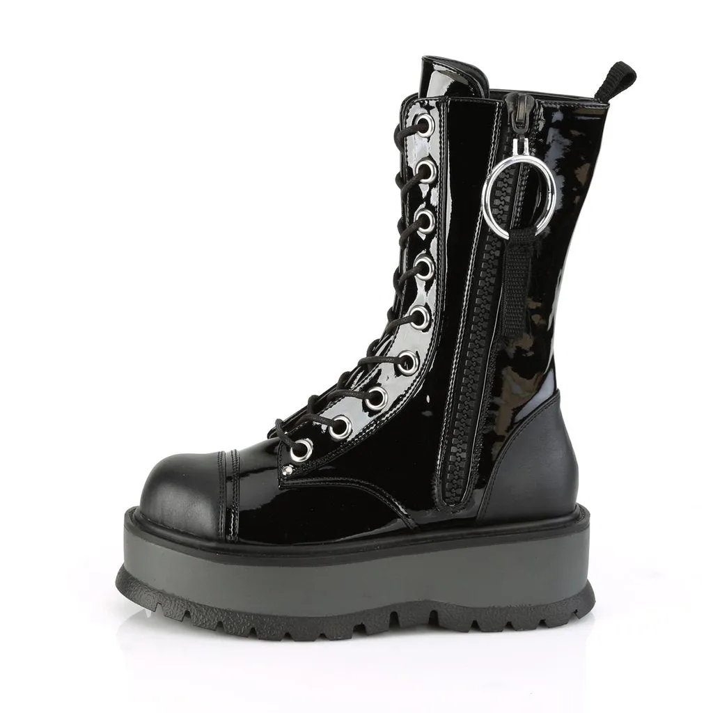 Slacker-220 black vegan patent leather 2" platform lace-up mid-calf boots