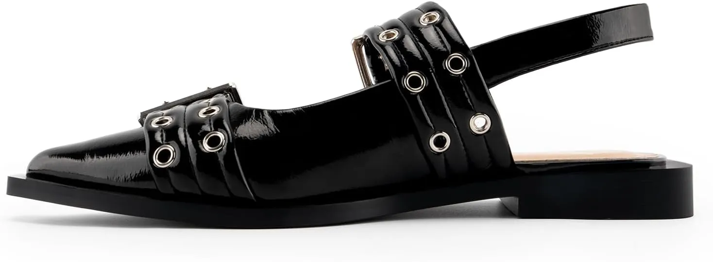 Slingback Flats Ballerinas Flats Buckle Ballet Flats for Women Wide Welt Squared Block Heel Dress Shoes