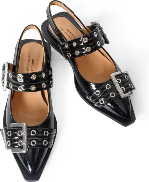 Slingback Flats Ballerinas Flats Buckle Ballet Flats for Women Wide Welt Squared Block Heel Dress Shoes