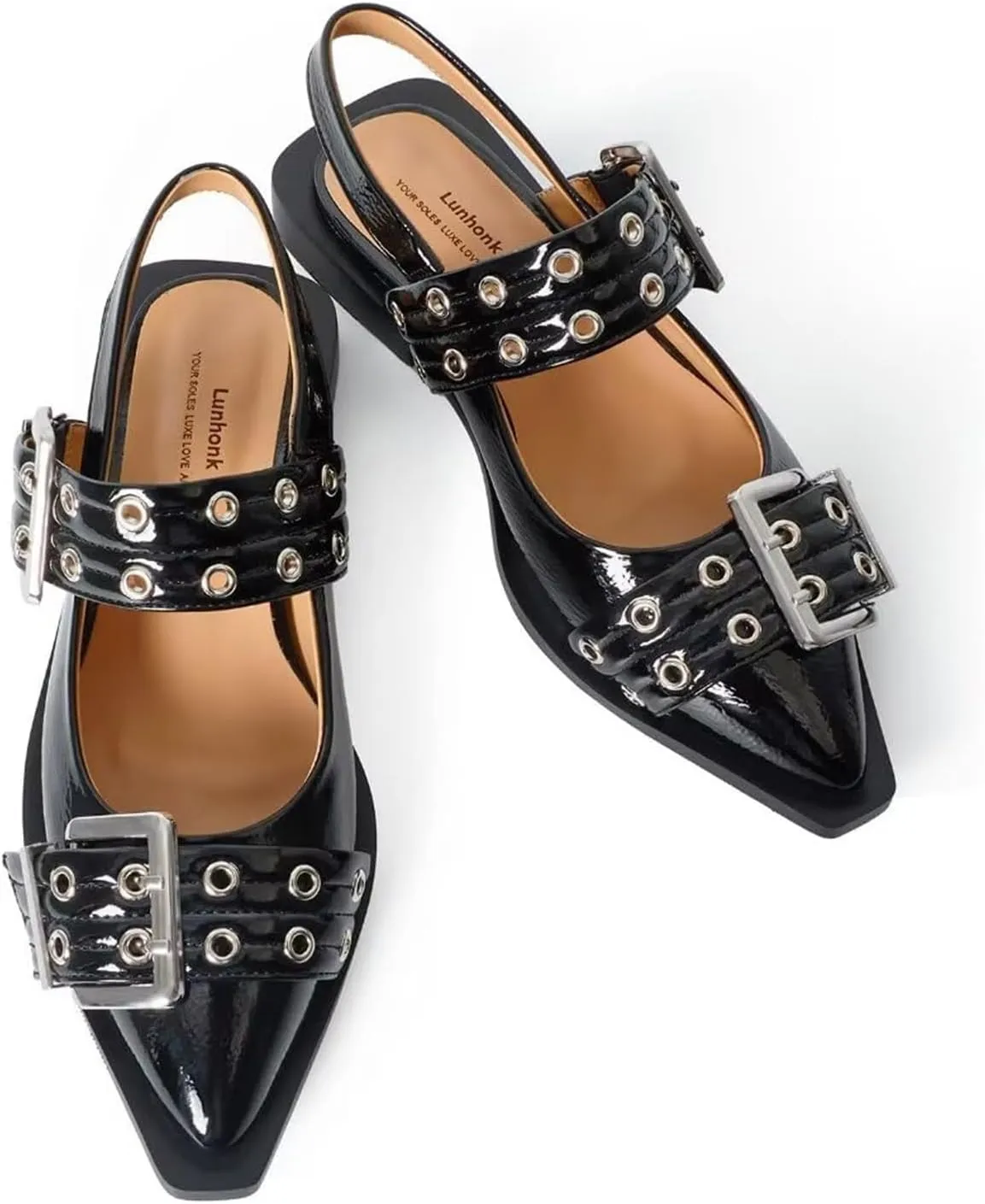 Slingback Flats Ballerinas Flats Buckle Ballet Flats for Women Wide Welt Squared Block Heel Dress Shoes