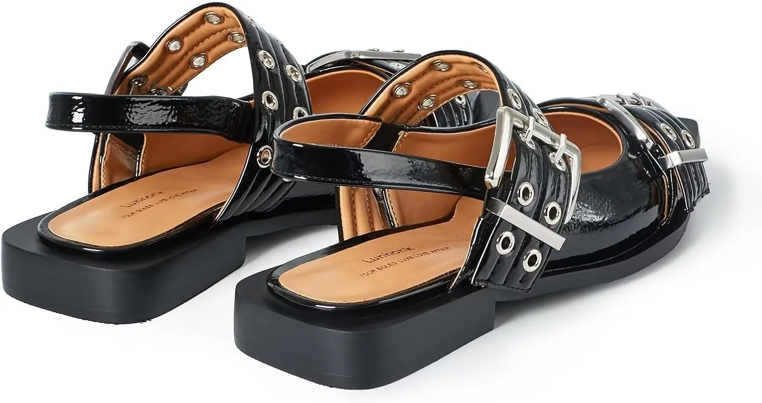 Slingback Flats Ballerinas Flats Buckle Ballet Flats for Women Wide Welt Squared Block Heel Dress Shoes