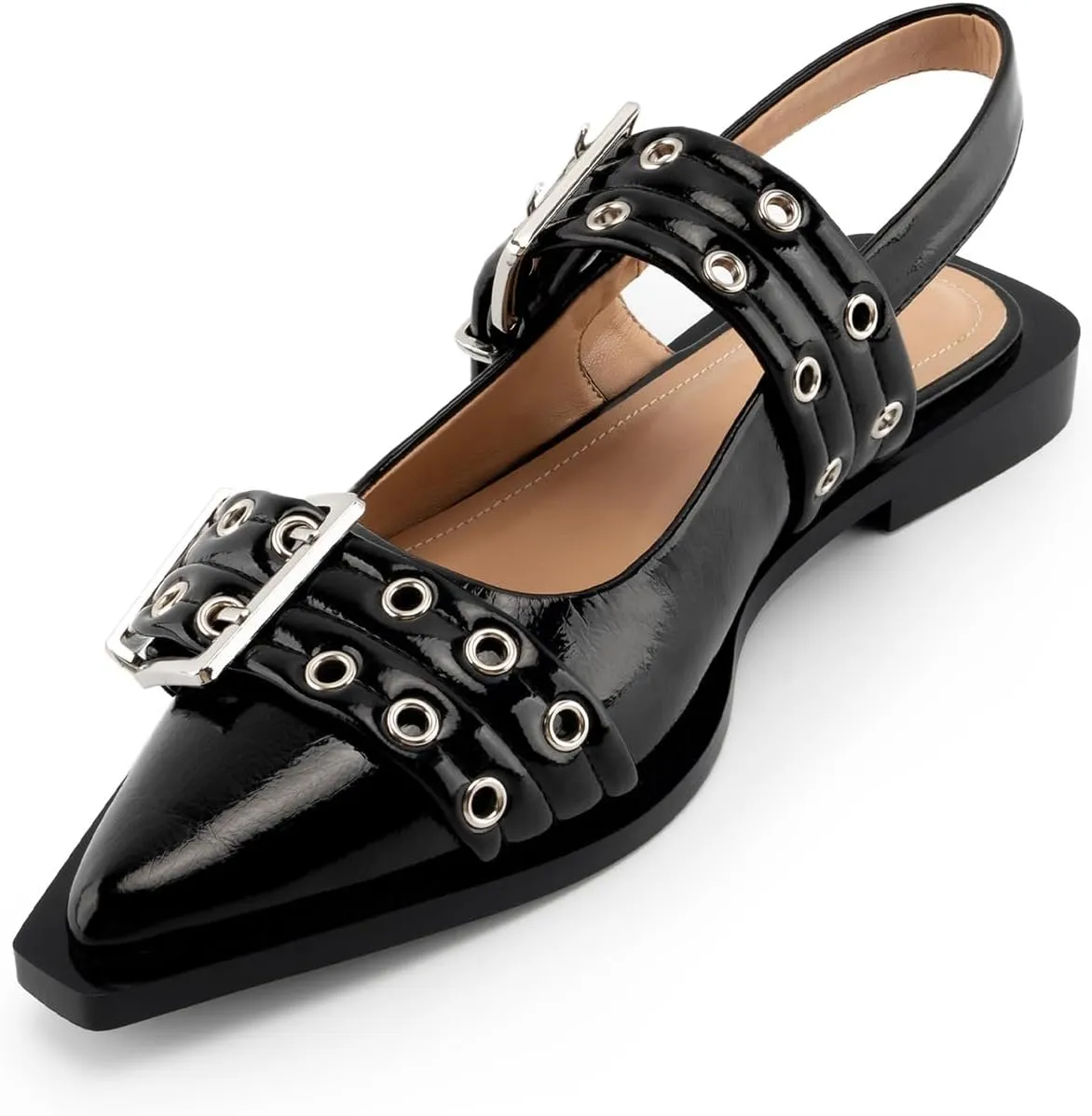 Slingback Flats Ballerinas Flats Buckle Ballet Flats for Women Wide Welt Squared Block Heel Dress Shoes