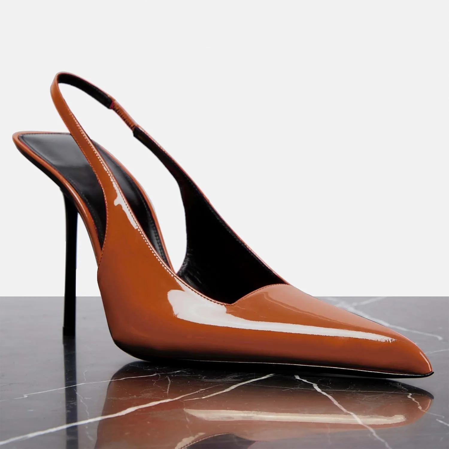 Slingback Stiletto Heels for Women Pointed Toe Slip On Patent Leather Pumps Backless Stretch Strap Dress High Heels