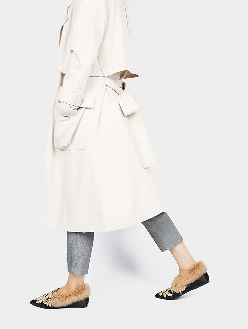 Slip On Loafers, Womens Embroidery Mule Shoes with Plush Lamb Fur Velvet Backless Pointed Toe Mule Slide