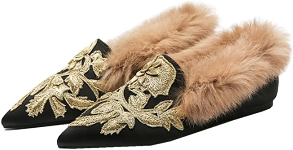 Slip On Loafers, Womens Embroidery Mule Shoes with Plush Lamb Fur Velvet Backless Pointed Toe Mule Slide