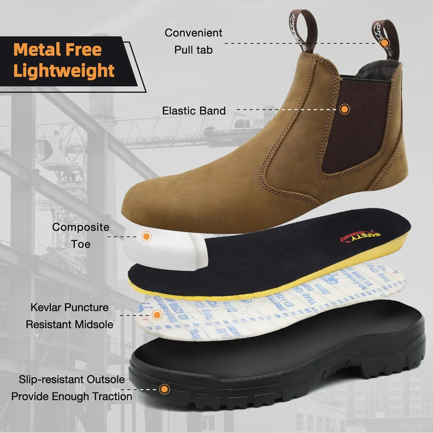 Slip on Work Boots for Men Soft/Composite Toe Comfort Leather Abrasion Puncture Slip Resistant Sole Safety Chelsea