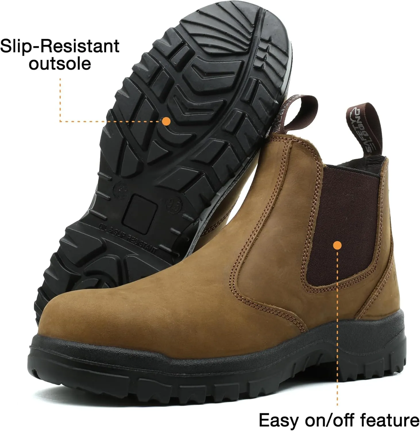 Slip on Work Boots for Men Soft/Composite Toe Comfort Leather Abrasion Puncture Slip Resistant Sole Safety Chelsea