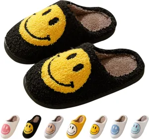 Smile Face Slippers for Women - Soft Plush Retro Preppy Slip-on Comfortable Indoor/Outdoor Shoes