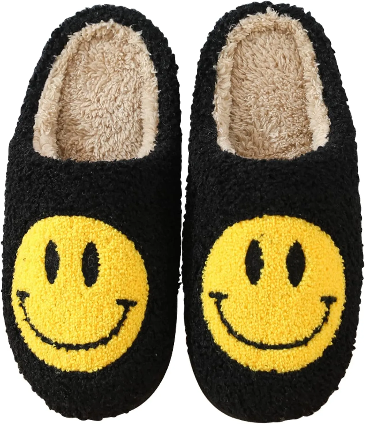 Smile Face Slippers for Women - Soft Plush Retro Preppy Slip-on Comfortable Indoor/Outdoor Shoes