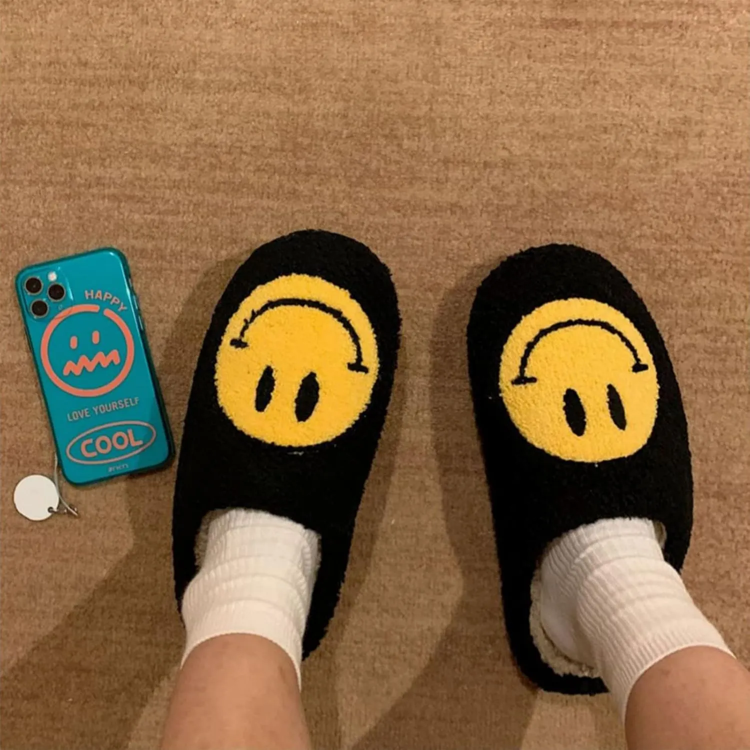 Smile Face Slippers for Women - Soft Plush Retro Preppy Slip-on Comfortable Indoor/Outdoor Shoes