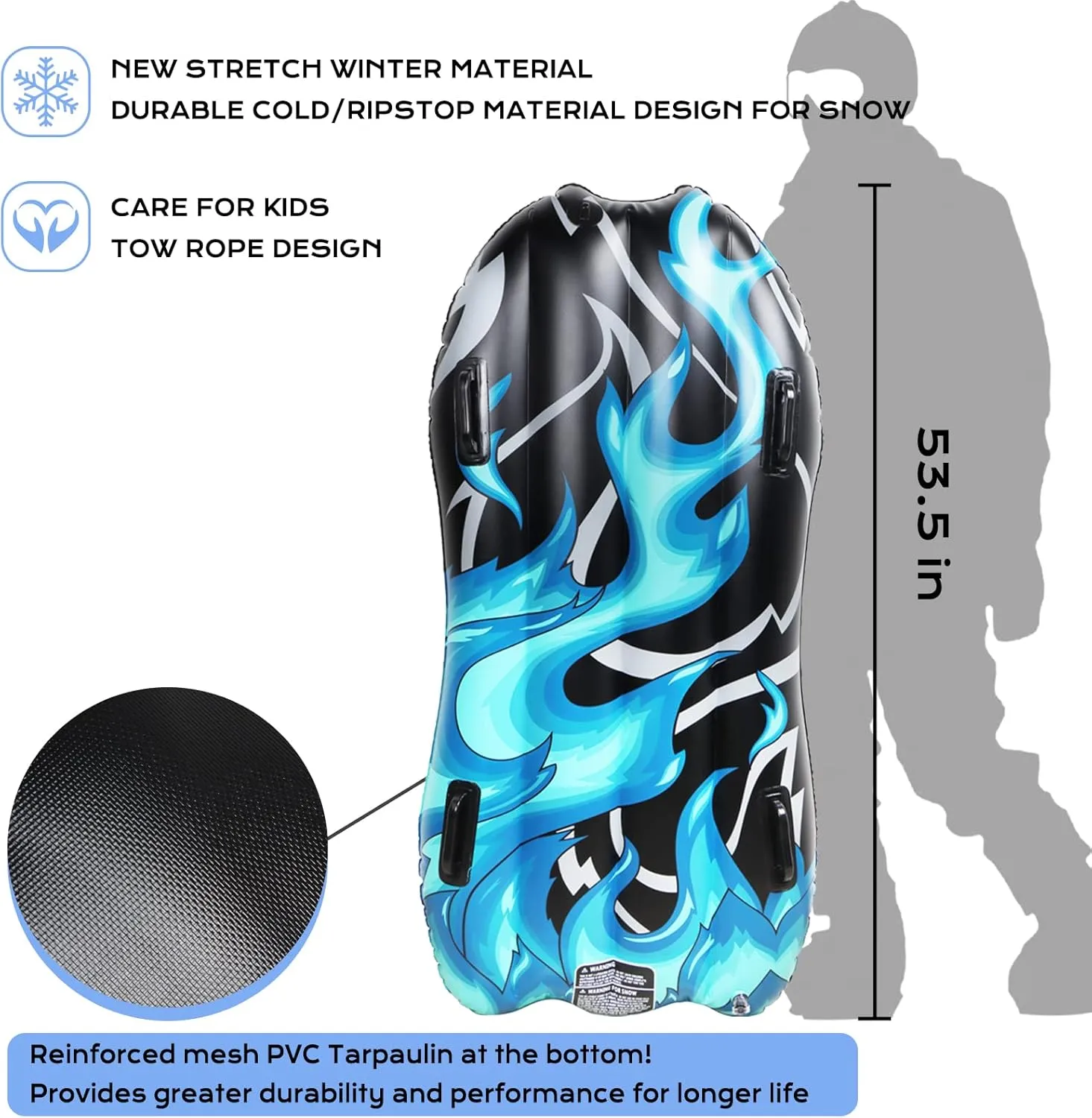 Snow Tube Sled with Towing Rope, 54" Heavy-Duty Inflatable Snow Tube for Young and Adults, Hard Wearing and Freeze Proof Snow Tube for Family Outdoor Play Activities