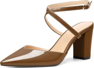 Soireelady Womens Block Chunky High Heel Sandals|Crisscross Ankle Strap Block Heels |Point Toe Patent Leather High Heels Elegant Shoes for Party, Wedding and Evening