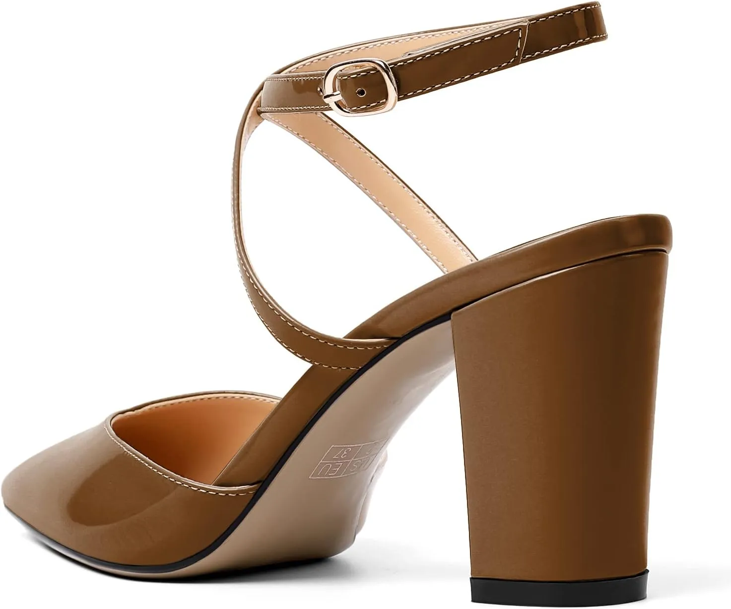 Soireelady Womens Block Chunky High Heel Sandals|Crisscross Ankle Strap Block Heels |Point Toe Patent Leather High Heels Elegant Shoes for Party, Wedding and Evening