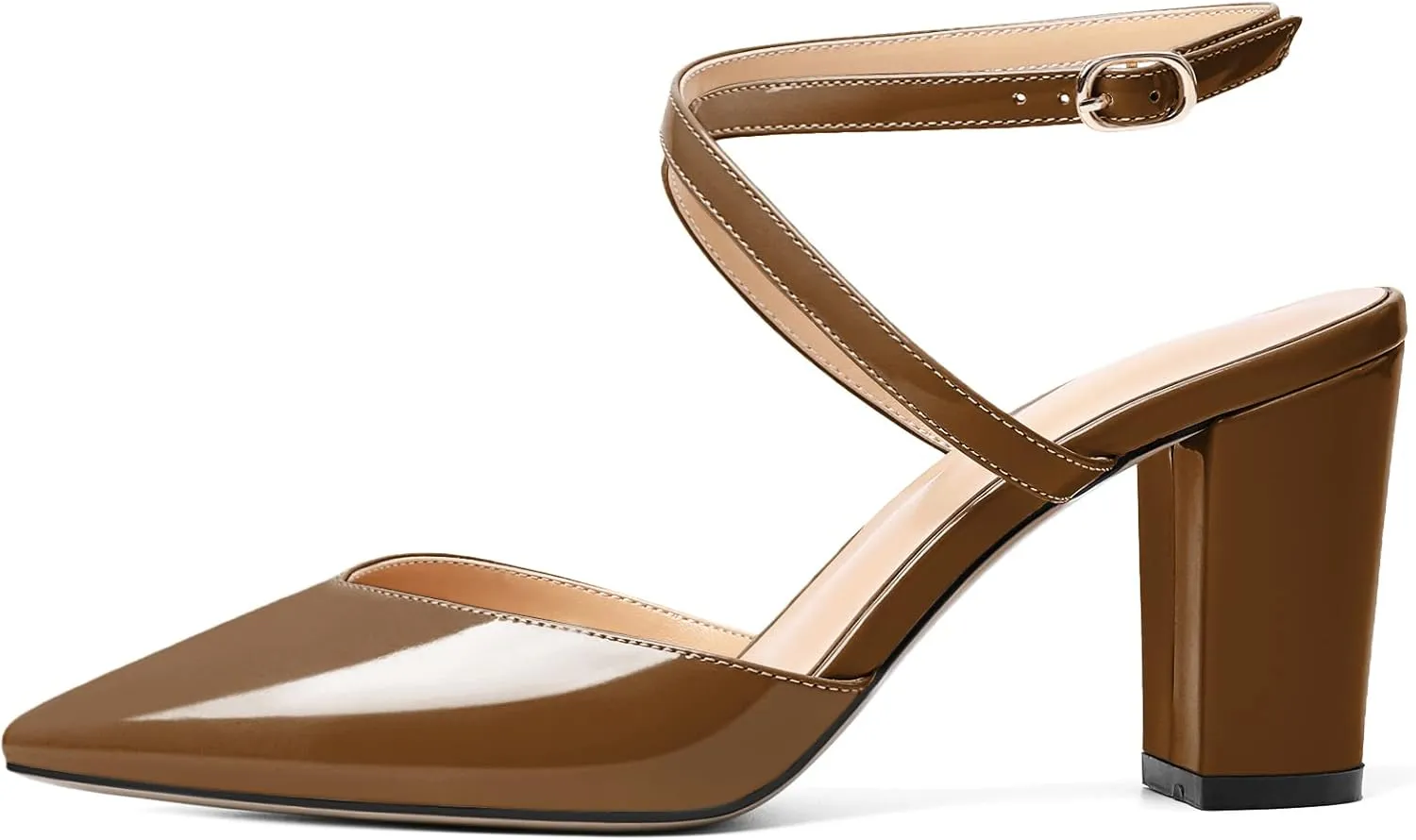 Soireelady Womens Block Chunky High Heel Sandals|Crisscross Ankle Strap Block Heels |Point Toe Patent Leather High Heels Elegant Shoes for Party, Wedding and Evening