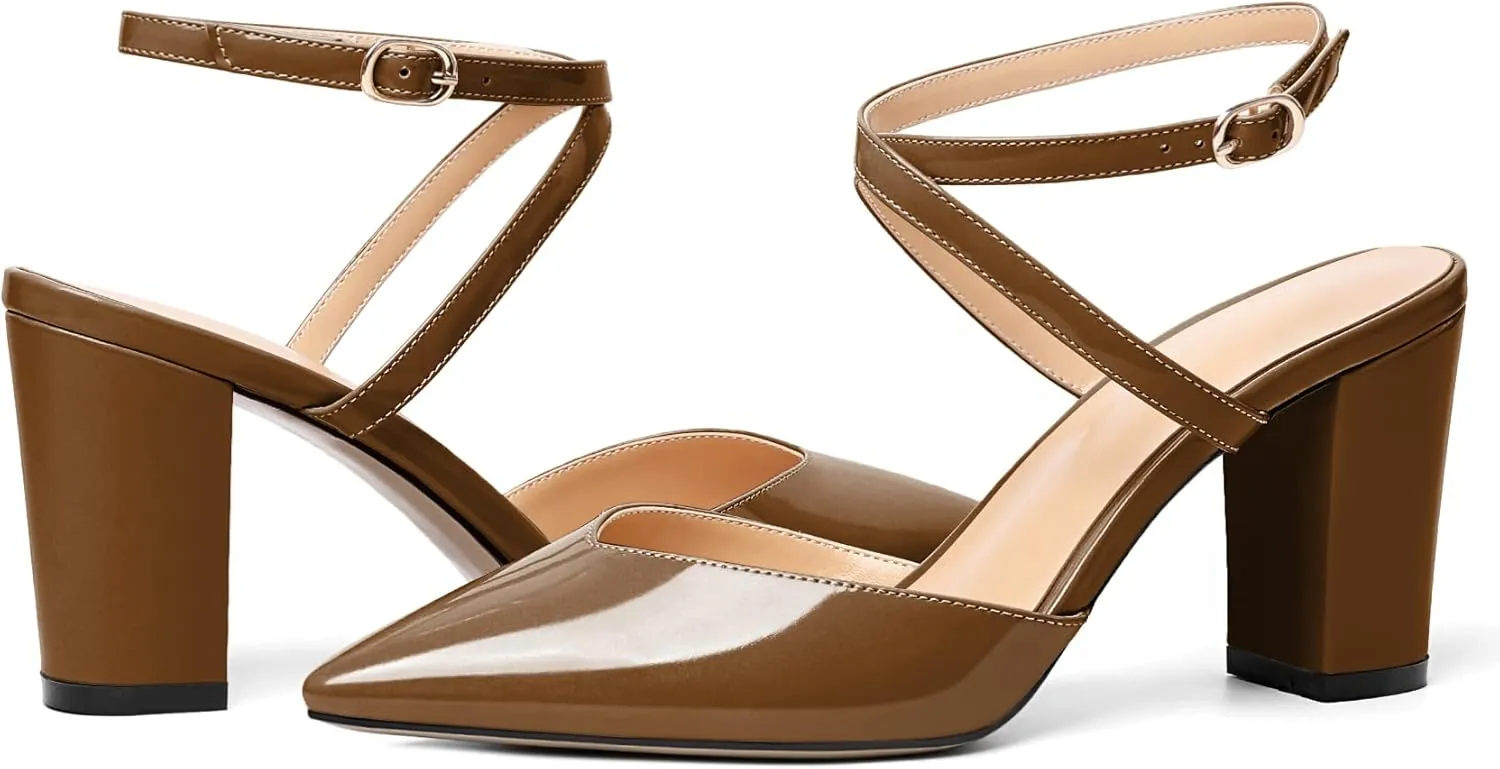 Soireelady Womens Block Chunky High Heel Sandals|Crisscross Ankle Strap Block Heels |Point Toe Patent Leather High Heels Elegant Shoes for Party, Wedding and Evening