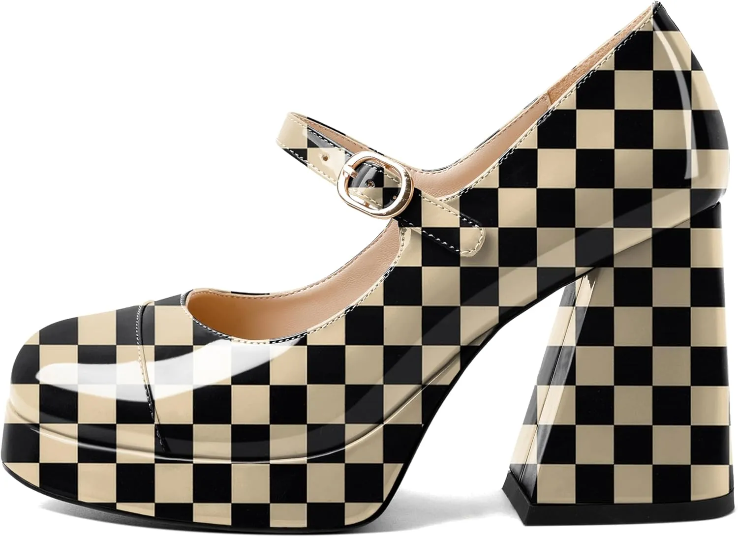 Soireelady Womens Chunky Platform Heels, Mary Jane Shoes Block Heel Pumps, High Heel Square Closed Toe Heels Ankle Strap Dress Shoes Comfort Fashion 4 Inches