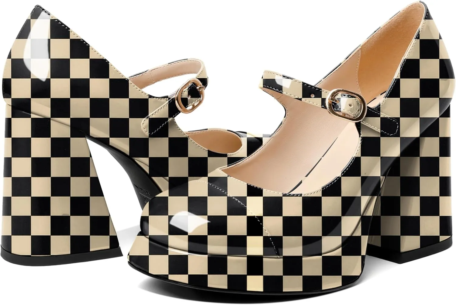 Soireelady Womens Chunky Platform Heels, Mary Jane Shoes Block Heel Pumps, High Heel Square Closed Toe Heels Ankle Strap Dress Shoes Comfort Fashion 4 Inches