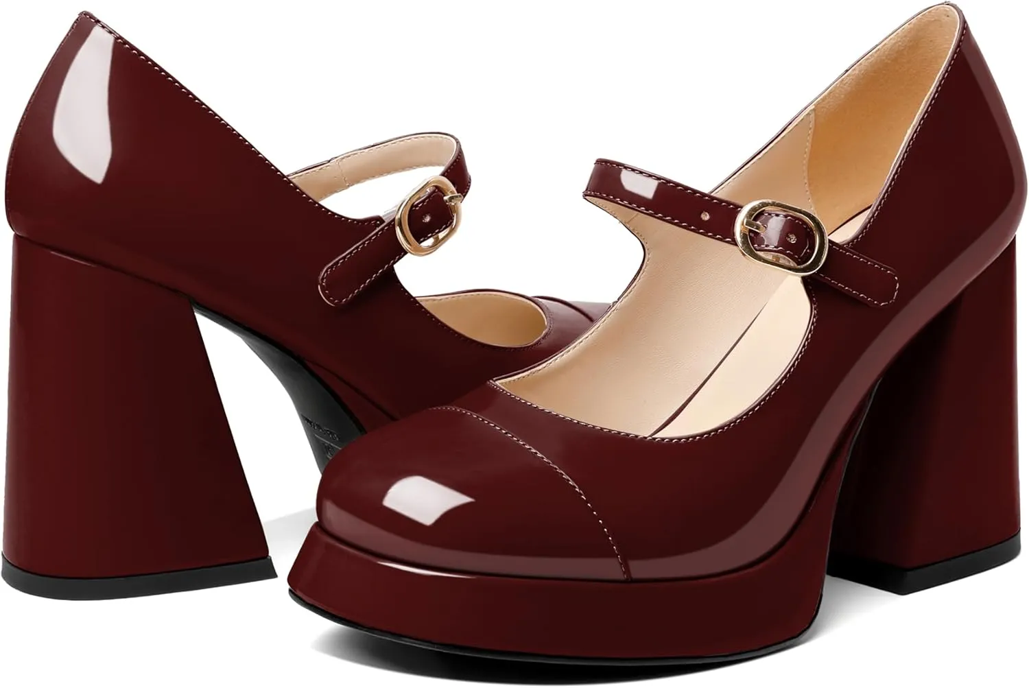 Soireelady Womens Chunky Platform Heels, Mary Jane Shoes Block Heel Pumps, High Heel Square Closed Toe Heels Ankle Strap Dress Shoes Comfort Fashion 4 Inches