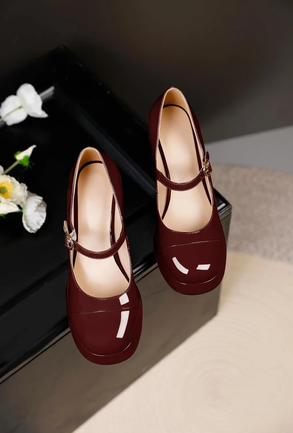 Soireelady Womens Chunky Platform Heels, Mary Jane Shoes Block Heel Pumps, High Heel Square Closed Toe Heels Ankle Strap Dress Shoes Comfort Fashion 4 Inches