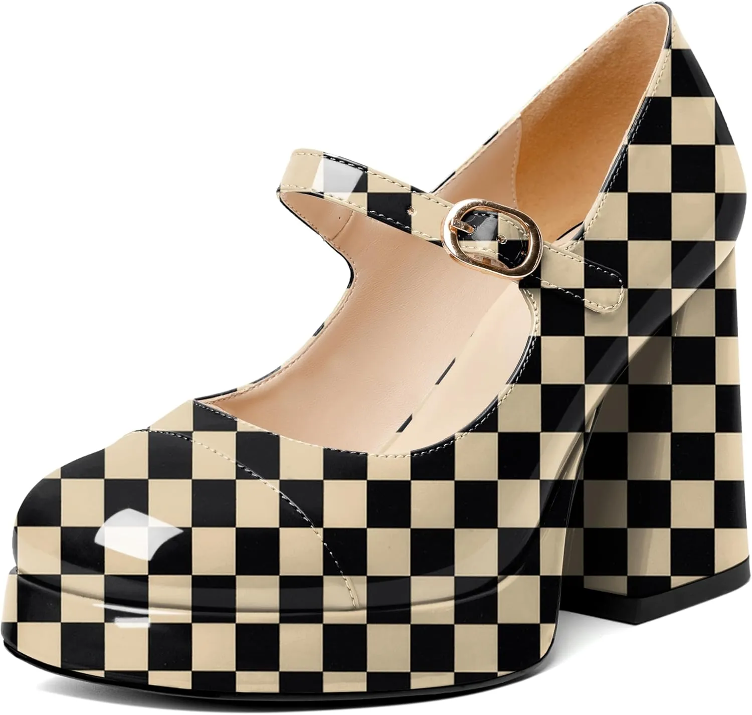 Soireelady Womens Chunky Platform Heels, Mary Jane Shoes Block Heel Pumps, High Heel Square Closed Toe Heels Ankle Strap Dress Shoes Comfort Fashion 4 Inches