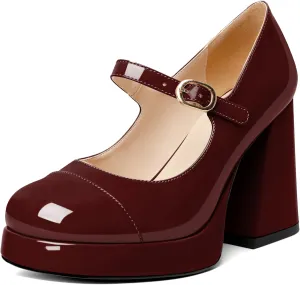 Soireelady Womens Chunky Platform Heels, Mary Jane Shoes Block Heel Pumps, High Heel Square Closed Toe Heels Ankle Strap Dress Shoes Comfort Fashion 4 Inches