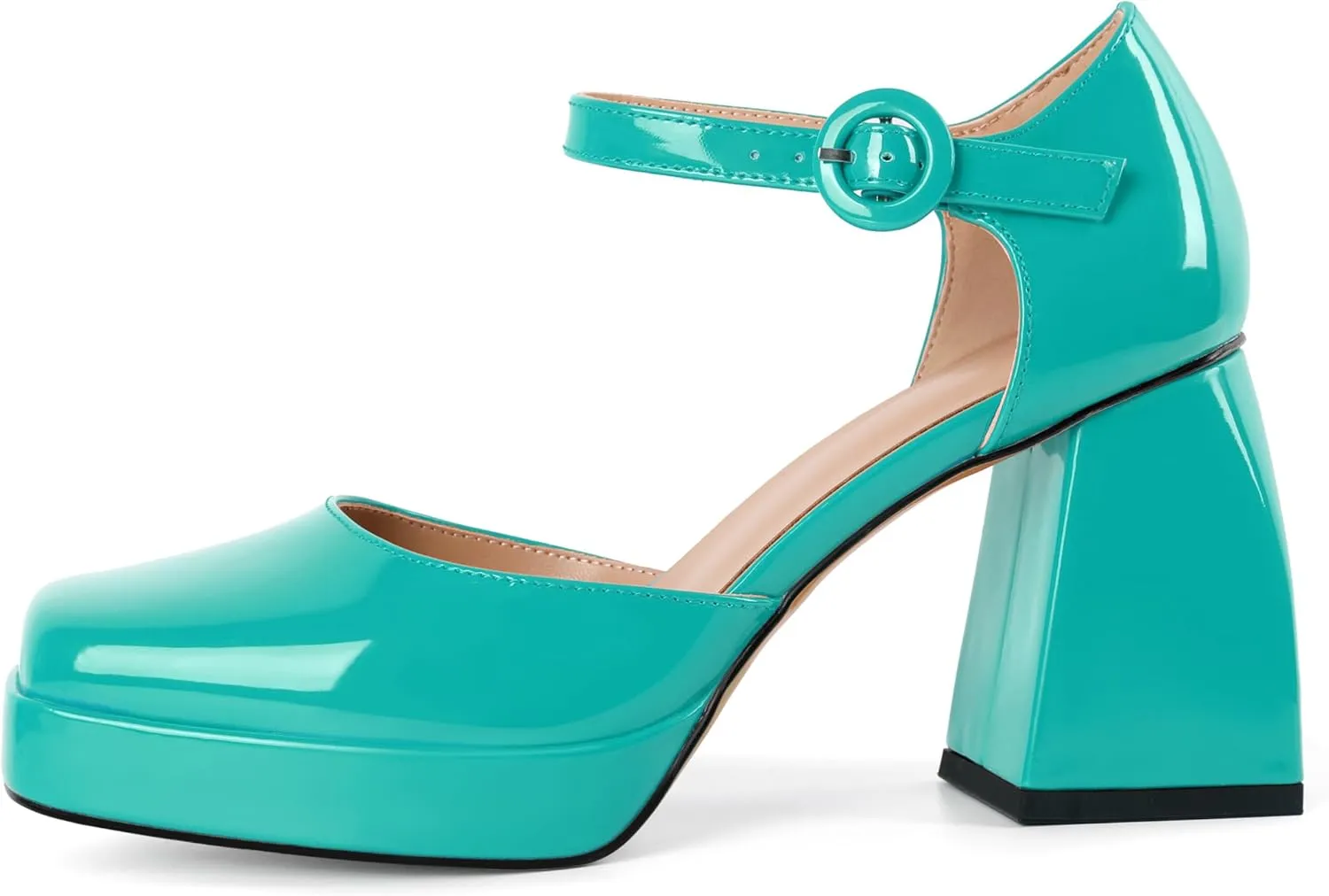 Soireelady Womens Chunky Platform Heels, Mary Jane Shoes Block Heel Pumps, High Heel Square Toe D'Orsay Heels Ankle Strap Dress Shoes 4 Inch