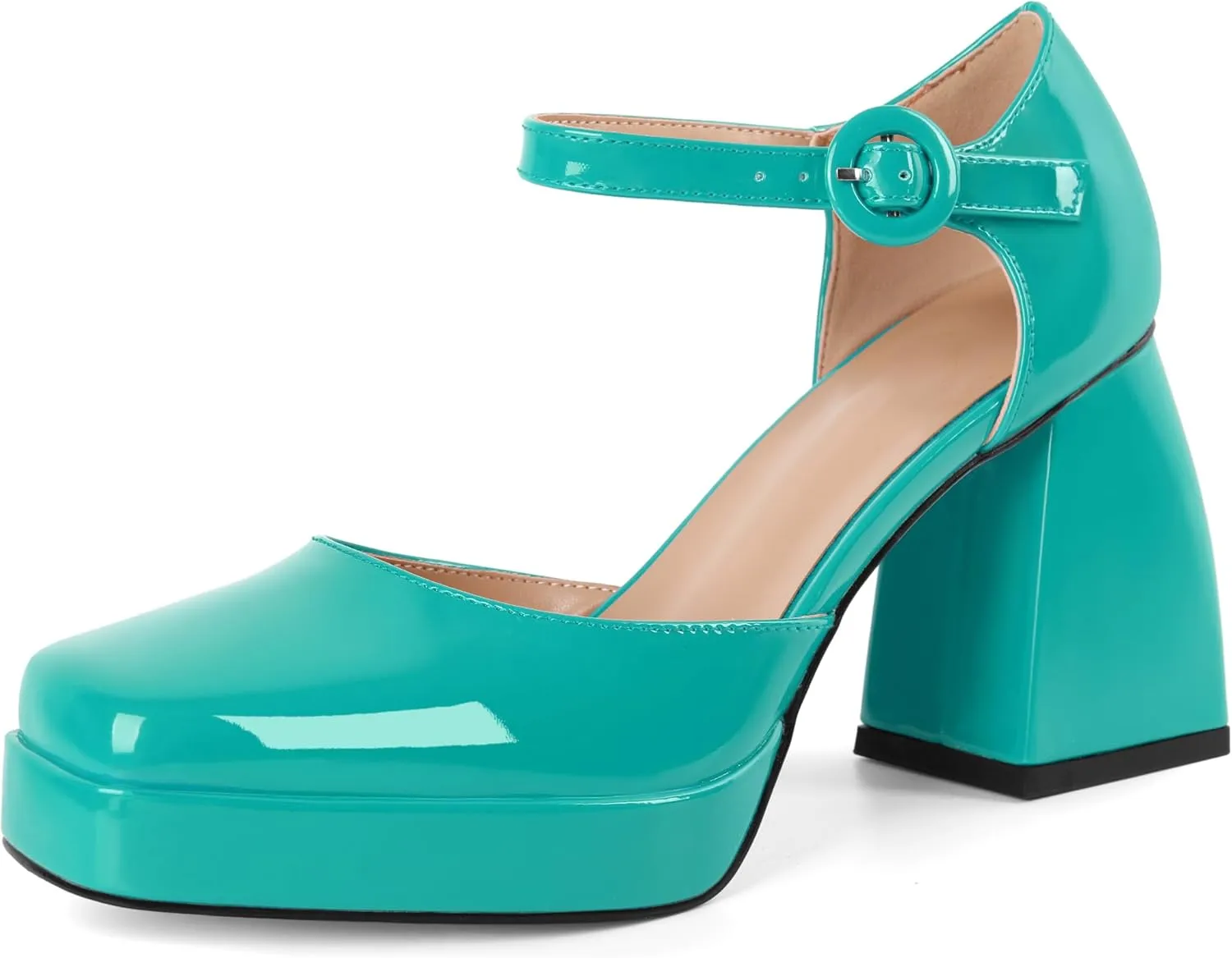 Soireelady Womens Chunky Platform Heels, Mary Jane Shoes Block Heel Pumps, High Heel Square Toe D'Orsay Heels Ankle Strap Dress Shoes 4 Inch