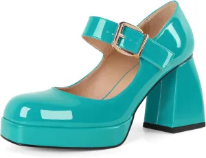 Soireelady Womens Chunky Platform Heels, Mary Jane Shoes Block Heel Pumps, High Heel Square Toe Heels Ankle Strap Dress Shoes Comfort Fashion 4 Inch