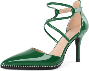 Soireelady Womens High Heel Stilettos Beaded Pumps Criss Cross Ankle Strappy Pointed Toe D'Orsay Heel Dress Shoes 3.5 Inch