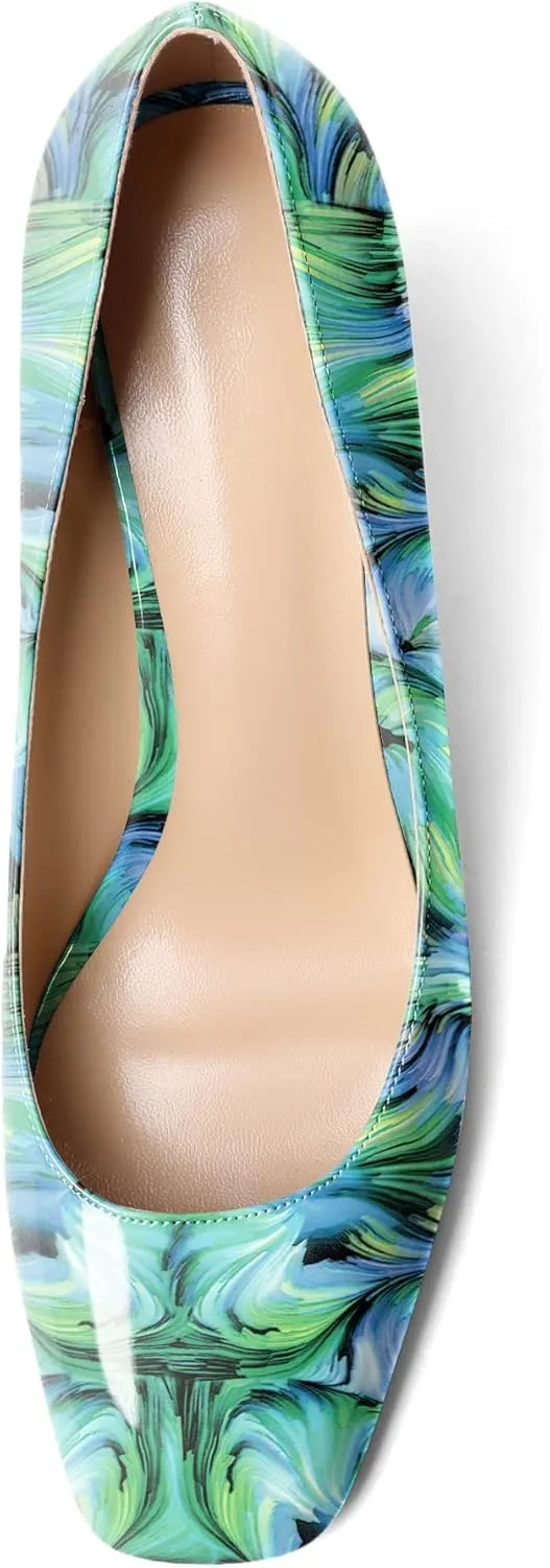 Soireelady Womens Square Toe Wedges High Heel Pumps Slip On Wedge Heels Classic Wedge Pumps Patent Leather Elegant Dressy Daily Shoes