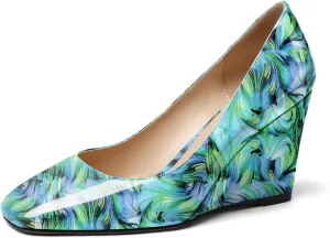Soireelady Womens Square Toe Wedges High Heel Pumps Slip On Wedge Heels Classic Wedge Pumps Patent Leather Elegant Dressy Daily Shoes